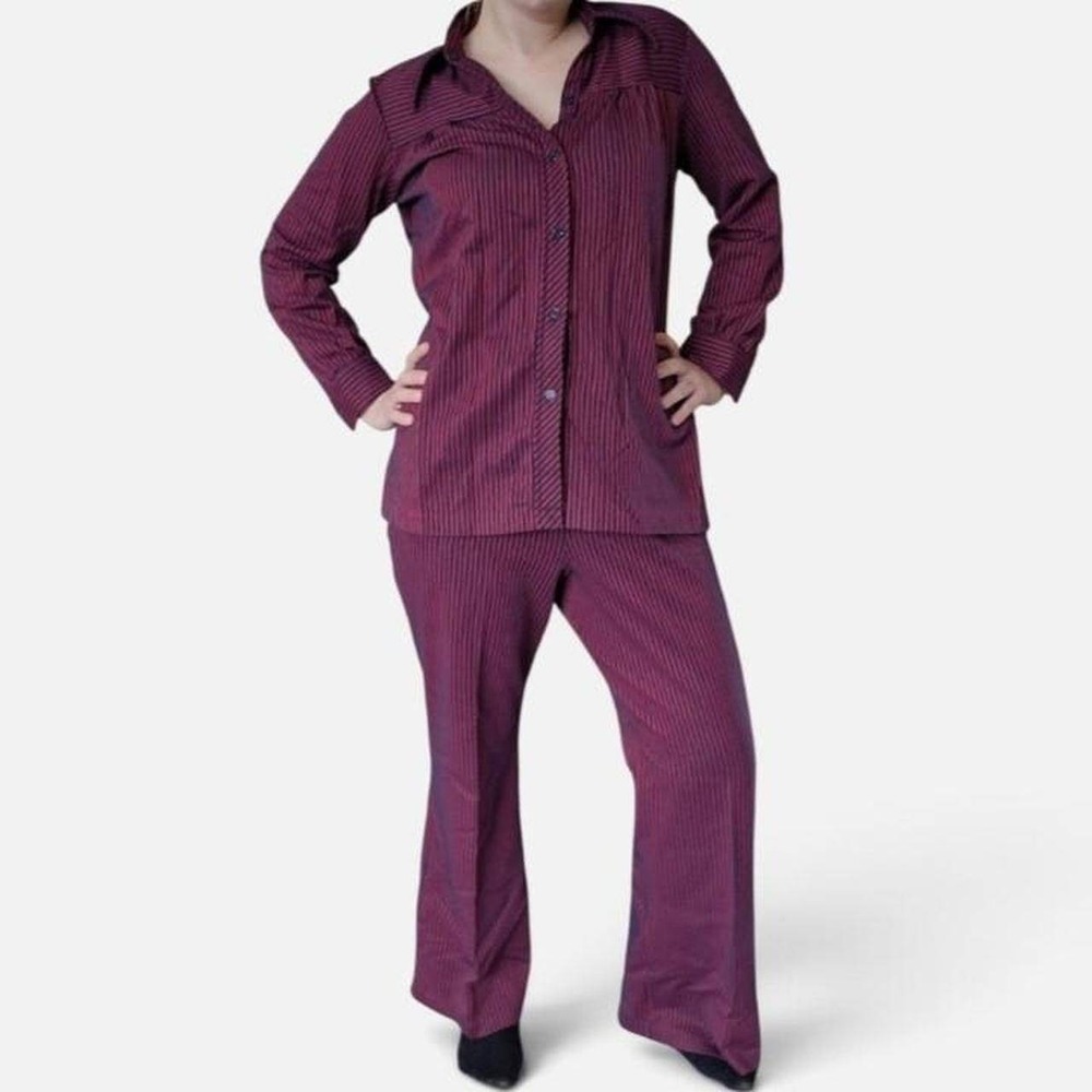 Vintage 70s Dagger Collar Women's Pinstripe Leisure Suit L